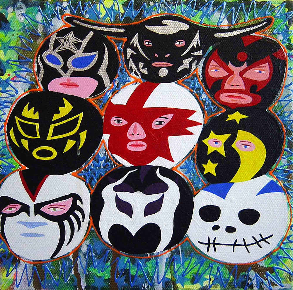 Mask Assembly, 20x20cm, acrylic and spray on canvas