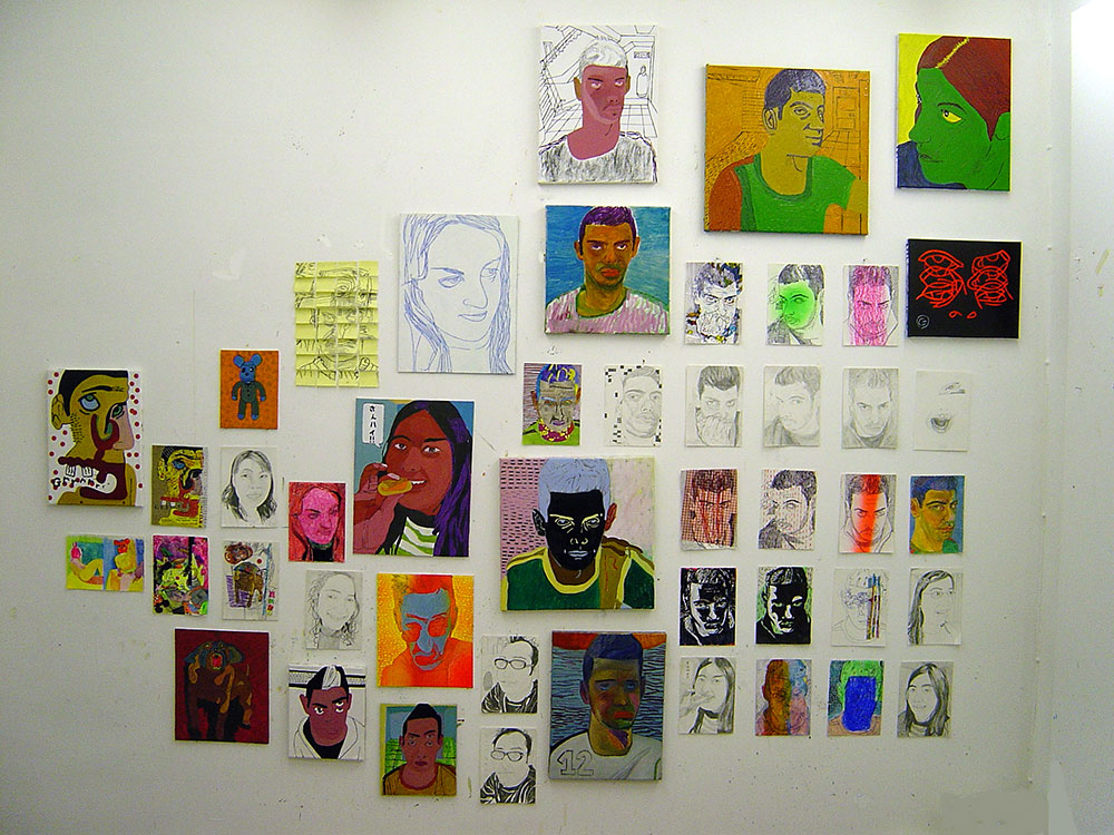 Michail Parlamas - Small portrait paintings and drawings assemblage on wall